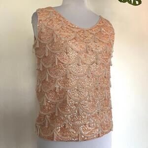 RARE Vintage WOOL Beaded Peach Tank Top Sequin Fringed Scalloped Hong Kong 38